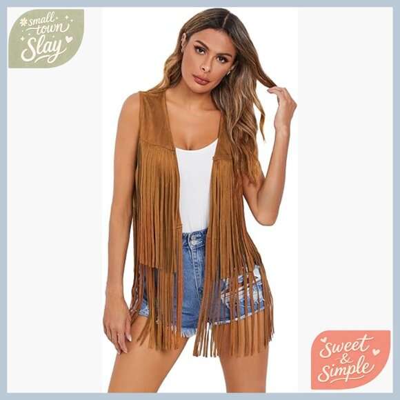 Faux Suede Fringe Vest Sleeveless Tassel Cardigan Hippie Style Large